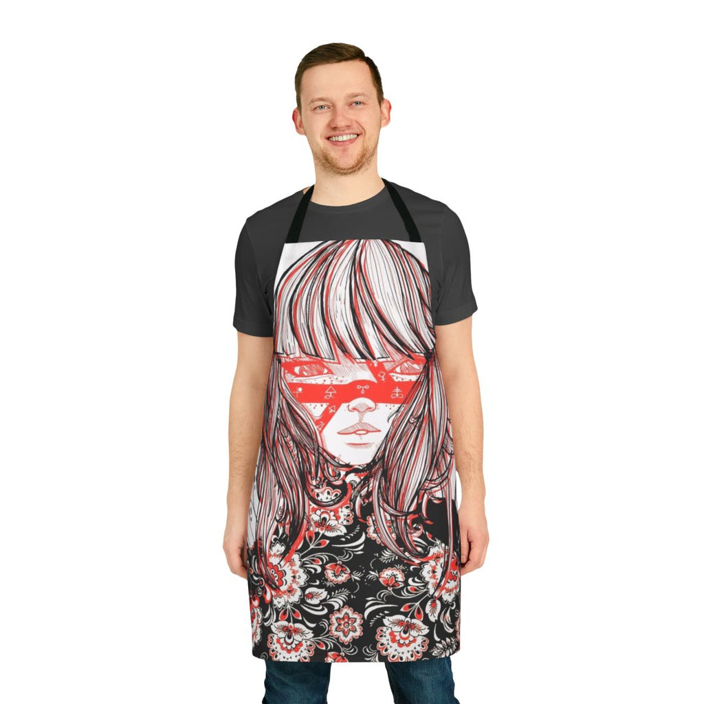 Strange world themed black and white apron with occult and runic designs
