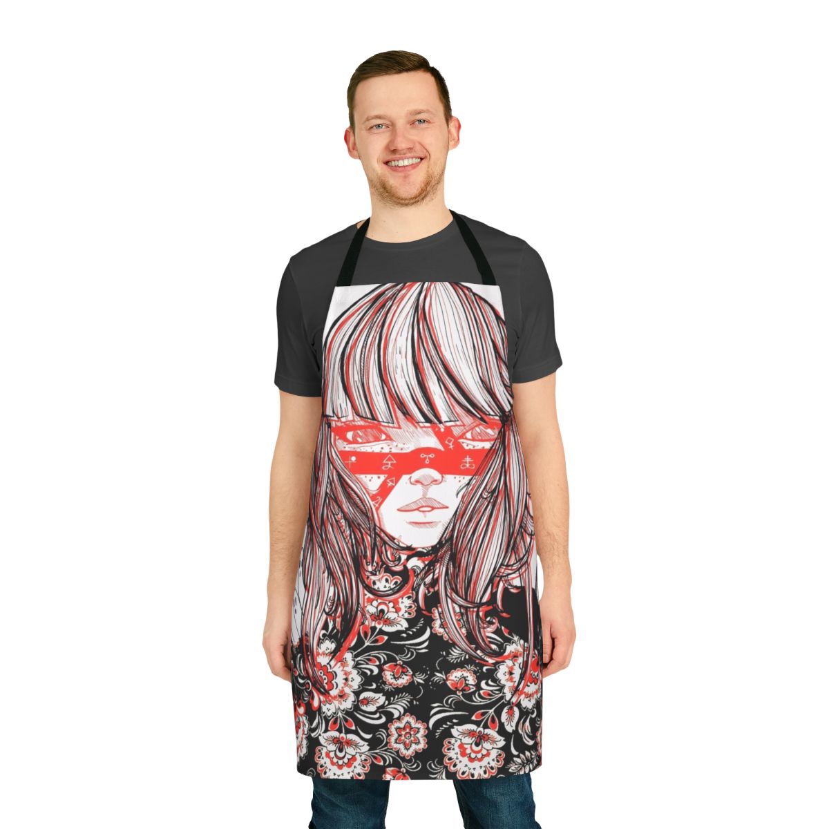 Strange world themed black and white apron with occult and runic designs