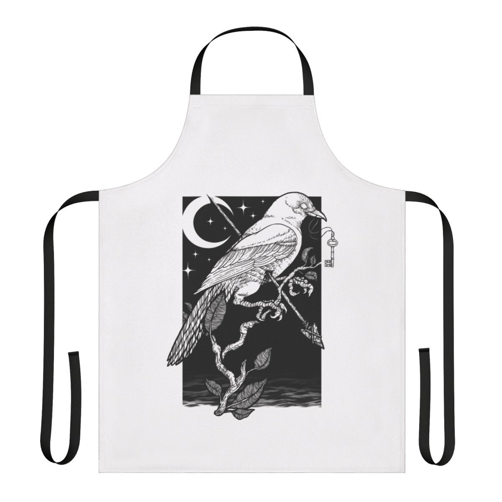 Striking black and white apron featuring a captivating night crow design