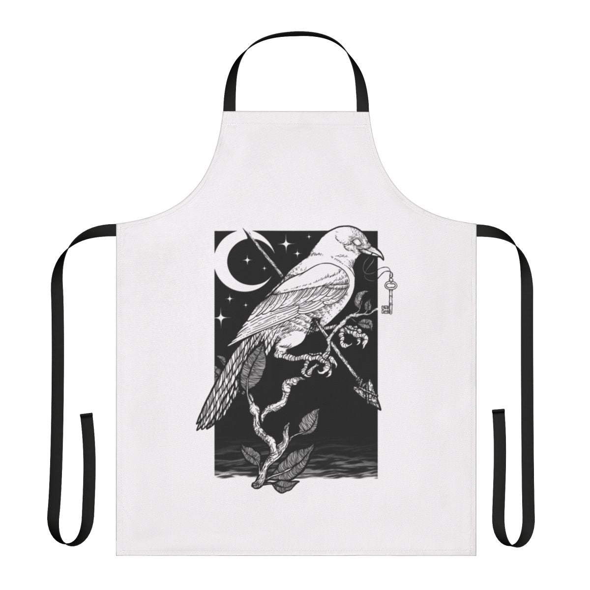 Striking black and white apron featuring a captivating night crow design