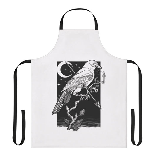 Striking black and white apron featuring a captivating night crow design