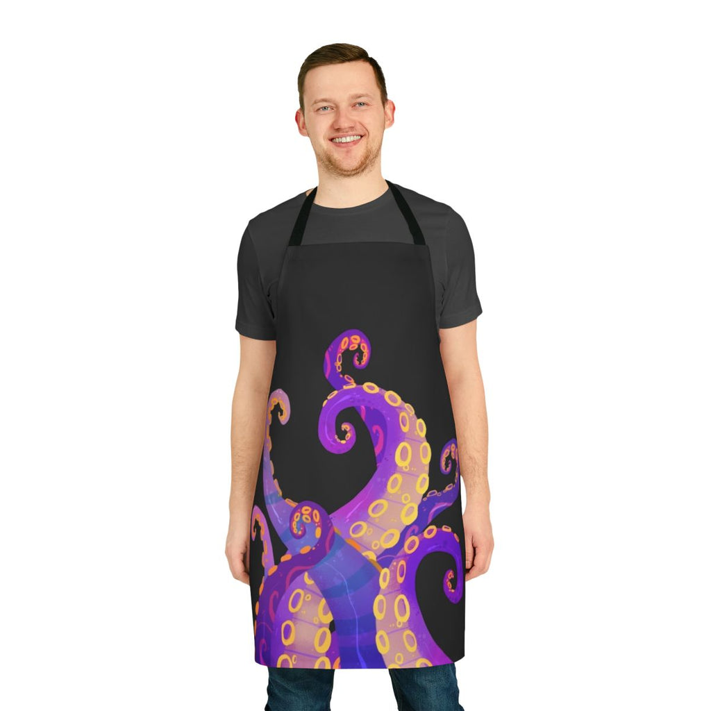 Vibrant purple tentacle design on an apron with octopus and cthulhu inspired imagery