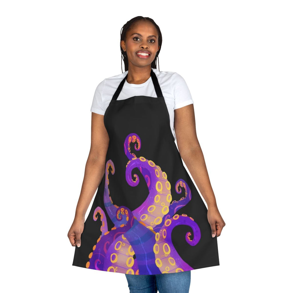 Vibrant purple tentacle design on an apron with octopus and cthulhu inspired imagery