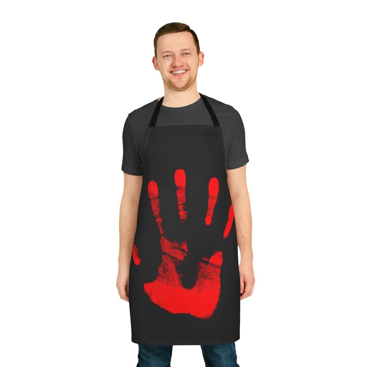 Spooky "Red Right Hand" themed apron with gothic, creepy design