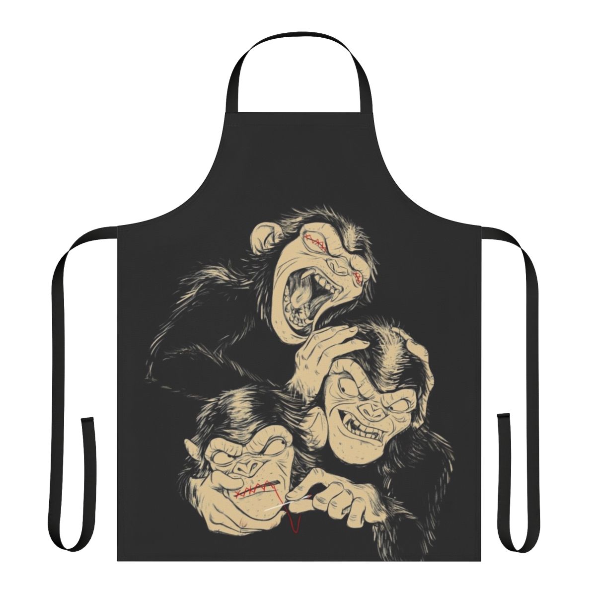 Mystic apes apron featuring a three wise monkeys design