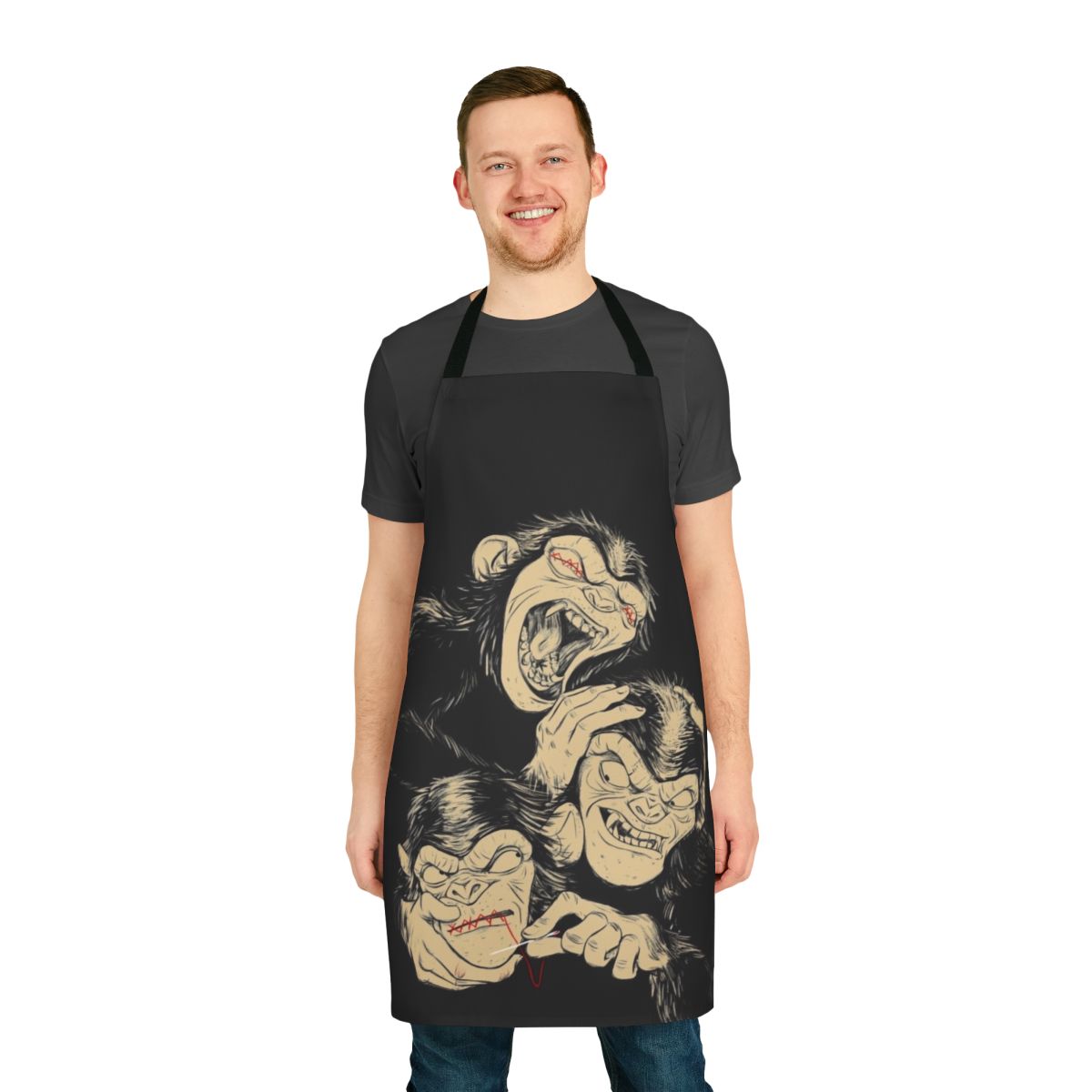 Mystic apes apron featuring a three wise monkeys design