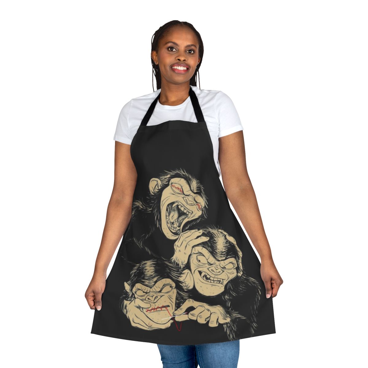 Mystic apes apron featuring a three wise monkeys design