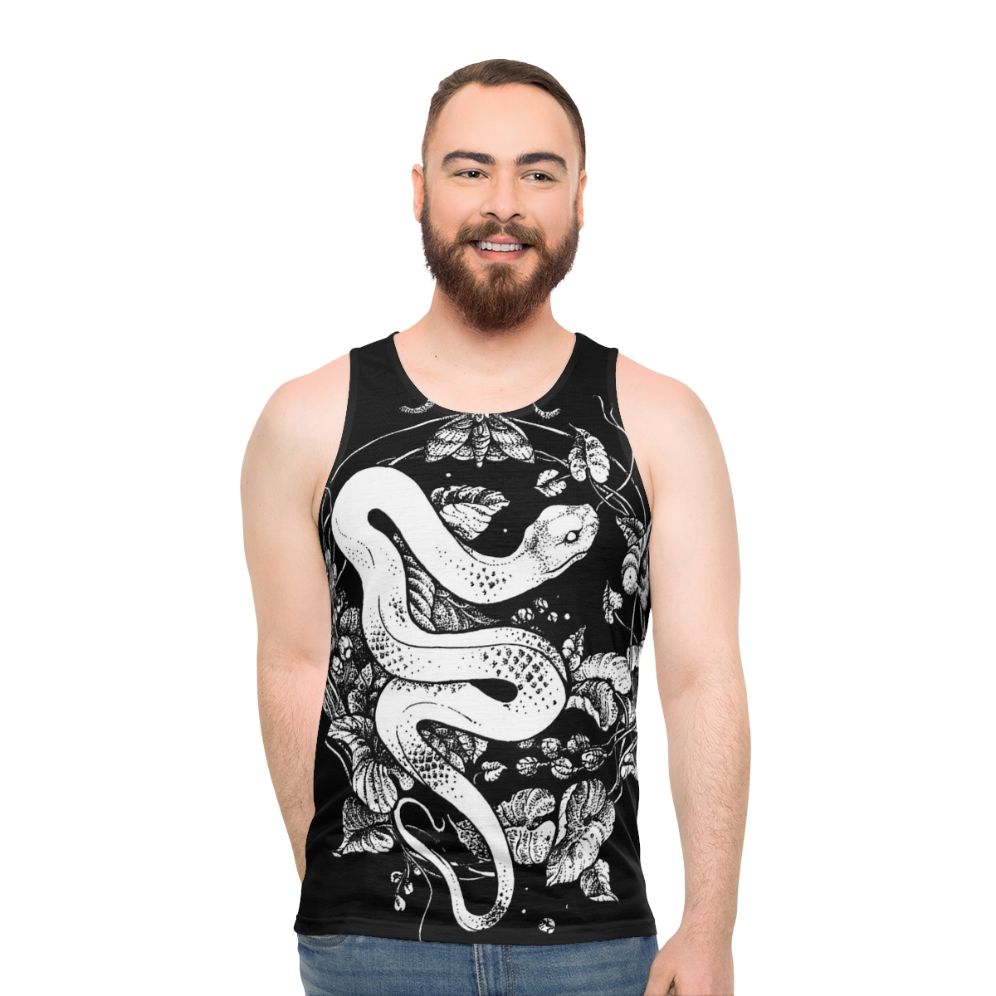 Unisex tank top with dark graphic design and nature-inspired motifs