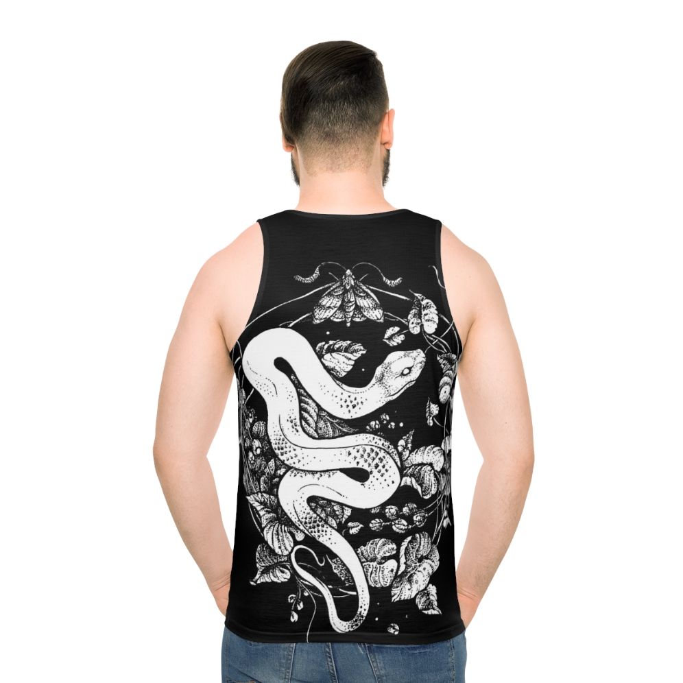 Unisex tank top with dark graphic design and nature-inspired motifs
