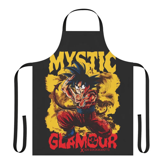 Mystic Glamour inspired apron with a dark, surreal design featuring Son Goku from the Dragon Ball anime series