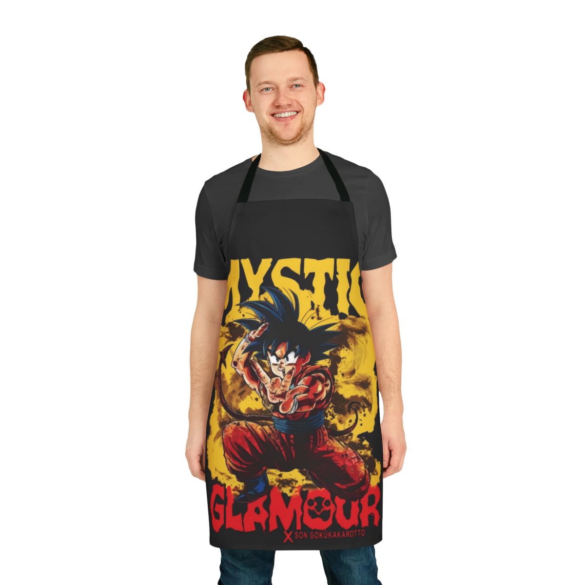 Mystic Glamour inspired apron with a dark, surreal design featuring Son Goku from the Dragon Ball anime series