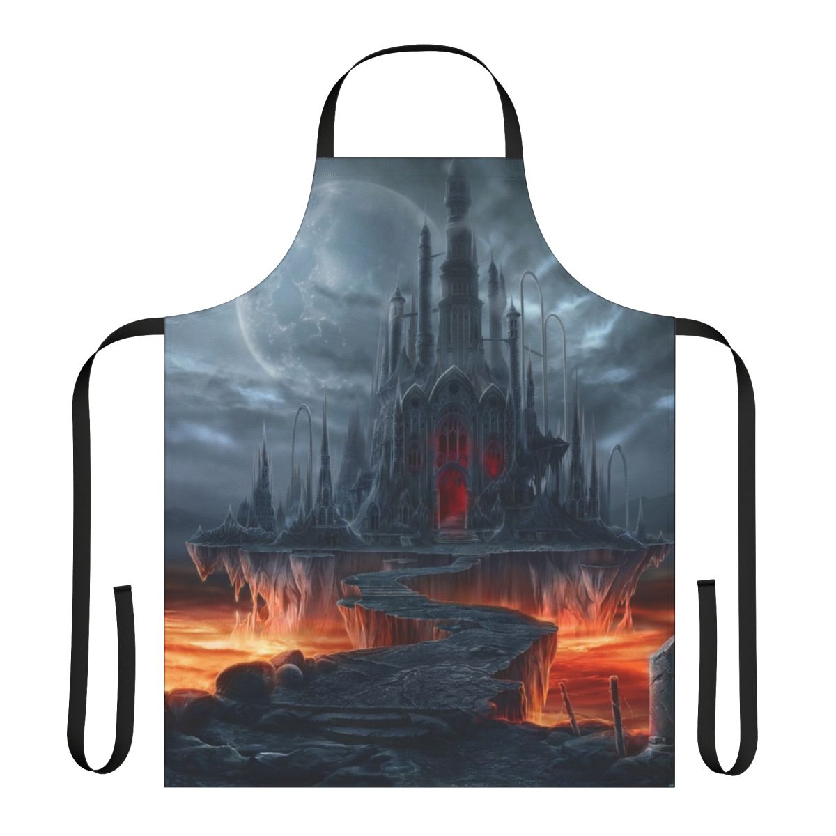 A dark and gothic-themed apron featuring a black castle silhouette against a moonlit sky.