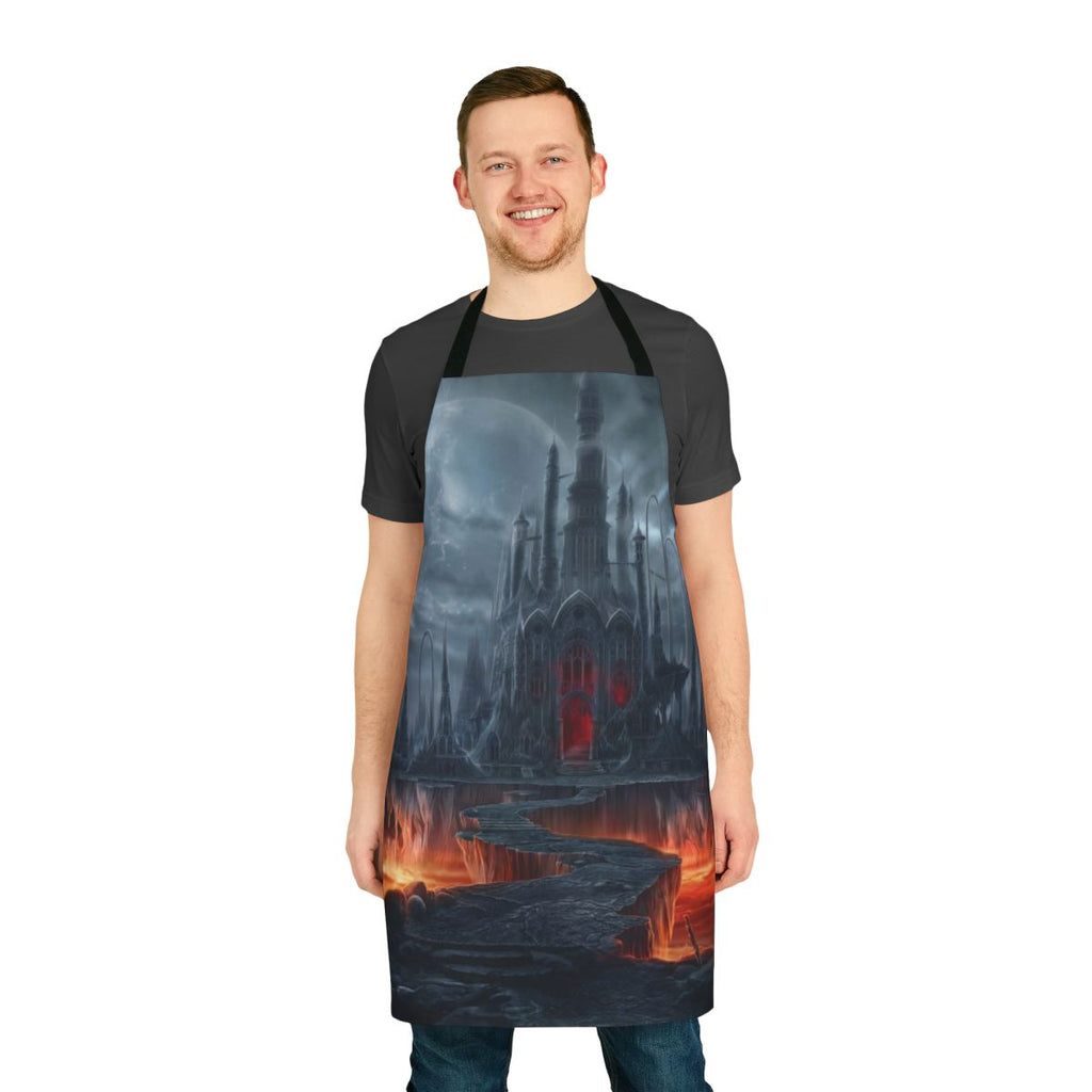 A dark and gothic-themed apron featuring a black castle silhouette against a moonlit sky.