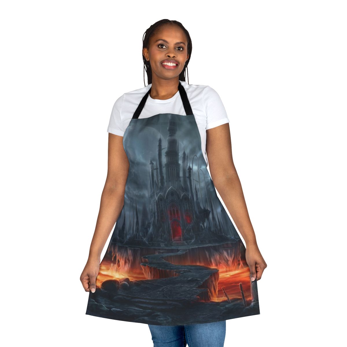A dark and gothic-themed apron featuring a black castle silhouette against a moonlit sky.