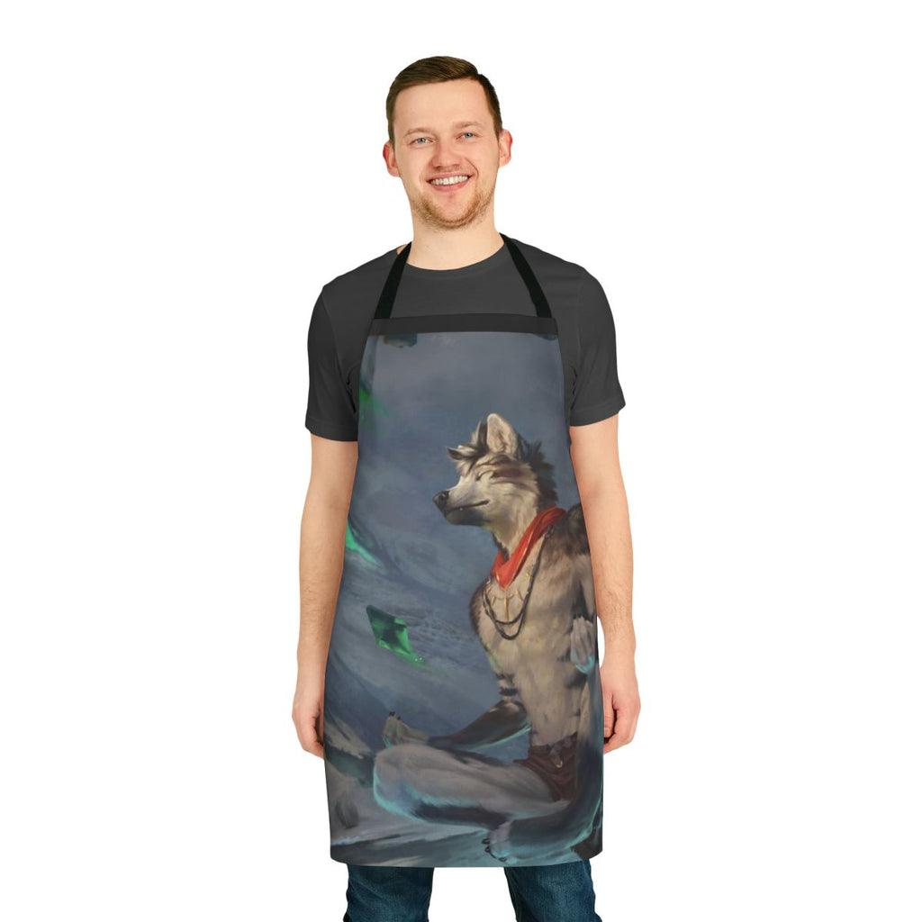 A beautifully illustrated apron featuring a majestic anthro wolf in a magical winter landscape, perfect for meditation and mindfulness.