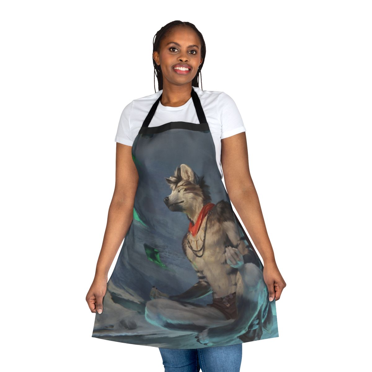 A beautifully illustrated apron featuring a majestic anthro wolf in a magical winter landscape, perfect for meditation and mindfulness.