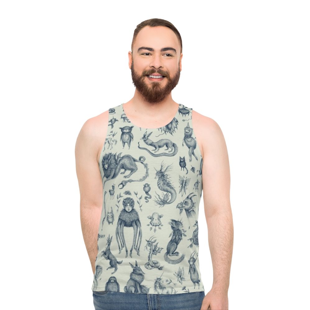 Unisex tank top with mystical creature and nature-inspired design
