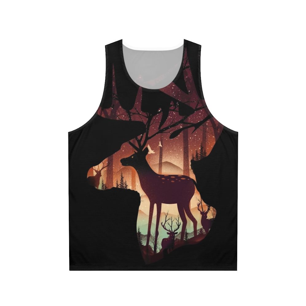 Mystical deer unisex tank top with nature inspired forest design