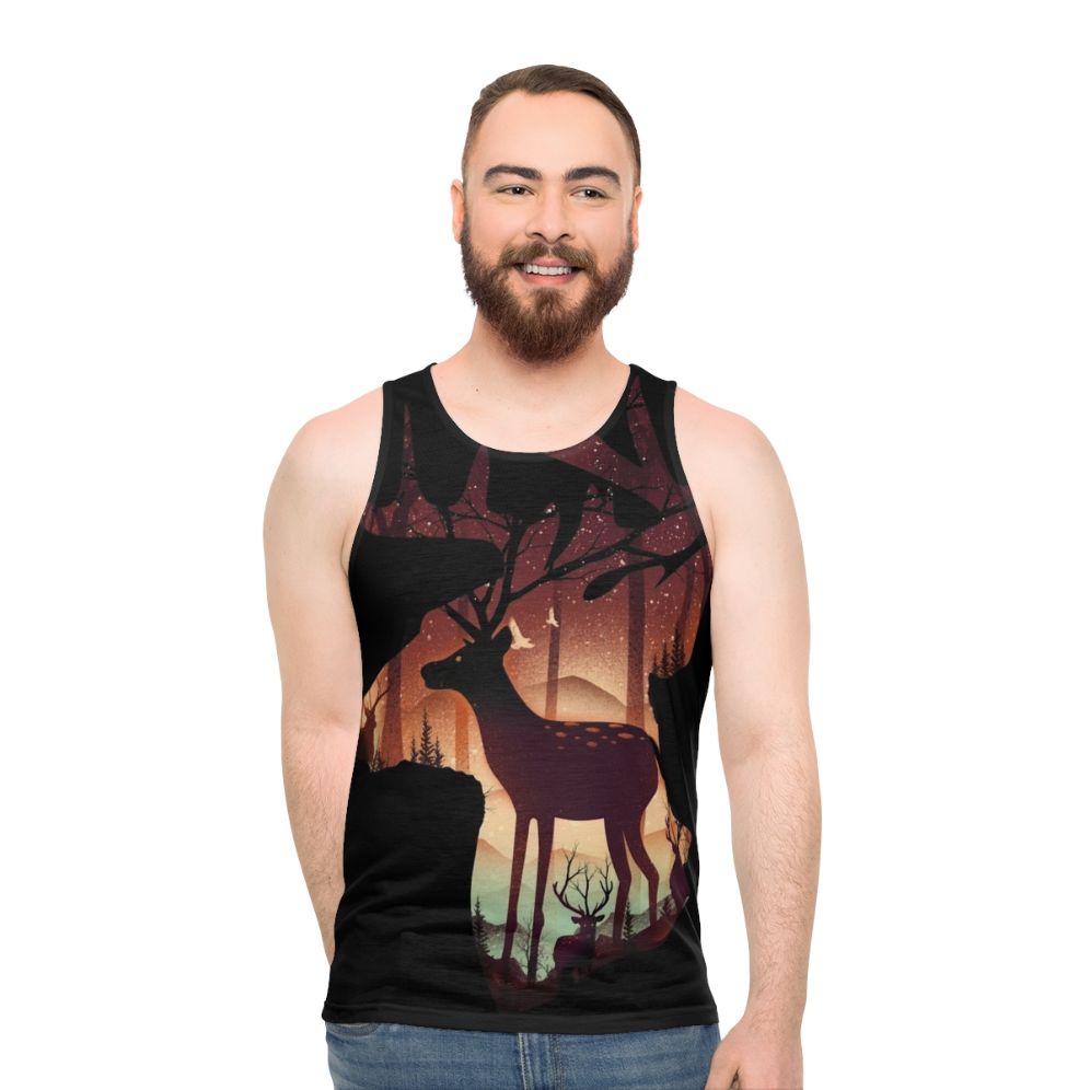 Mystical deer unisex tank top with nature inspired forest design