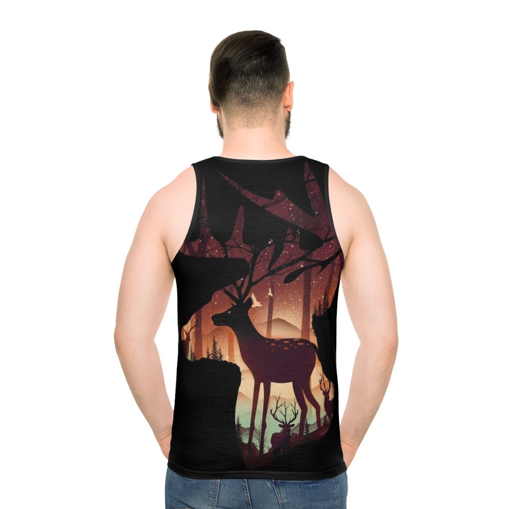 Mystical deer unisex tank top with nature inspired forest design