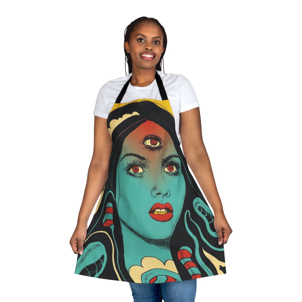 Divinitation apron with psychedelic third eye and cosmic design