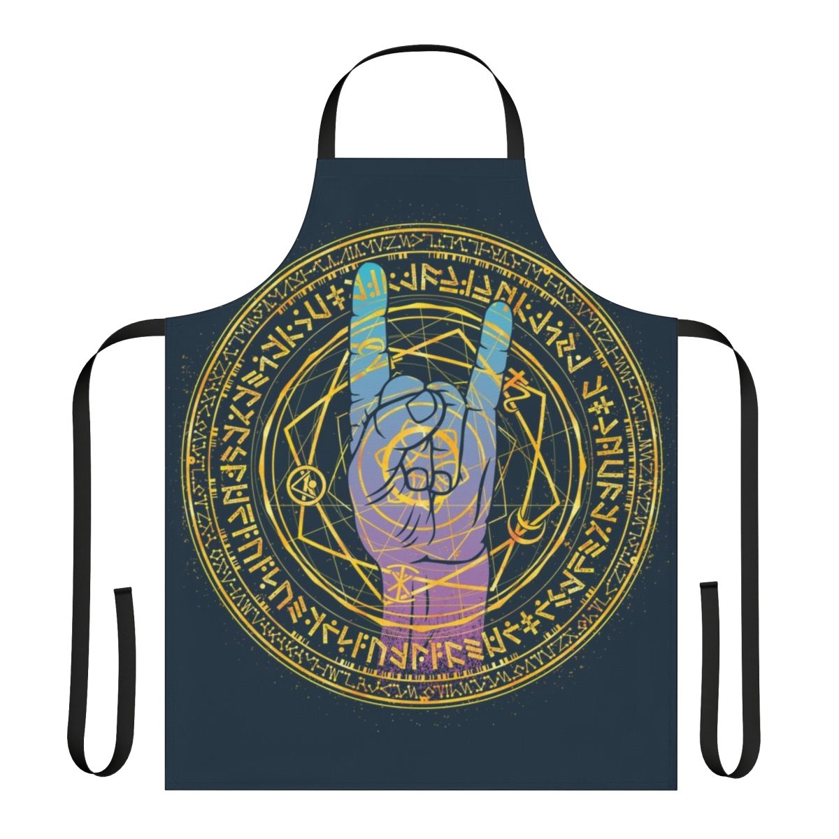 Apron featuring an abstract, geometric space design with a mystical, magical theme inspired by the Marvel character Doctor Strange.