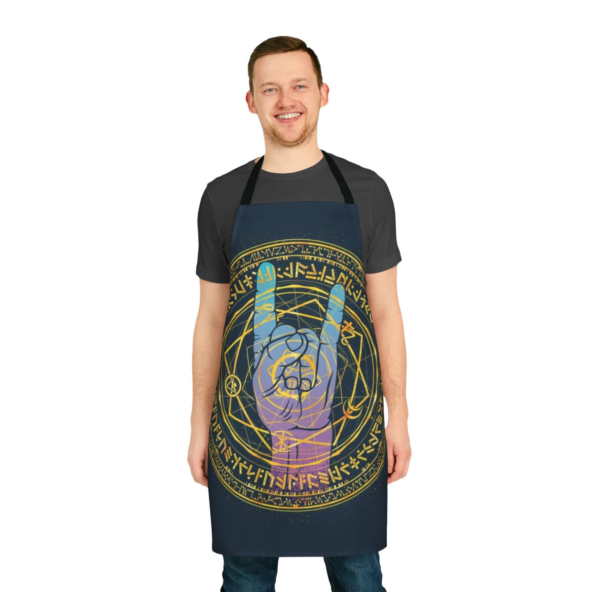 Apron featuring an abstract, geometric space design with a mystical, magical theme inspired by the Marvel character Doctor Strange.