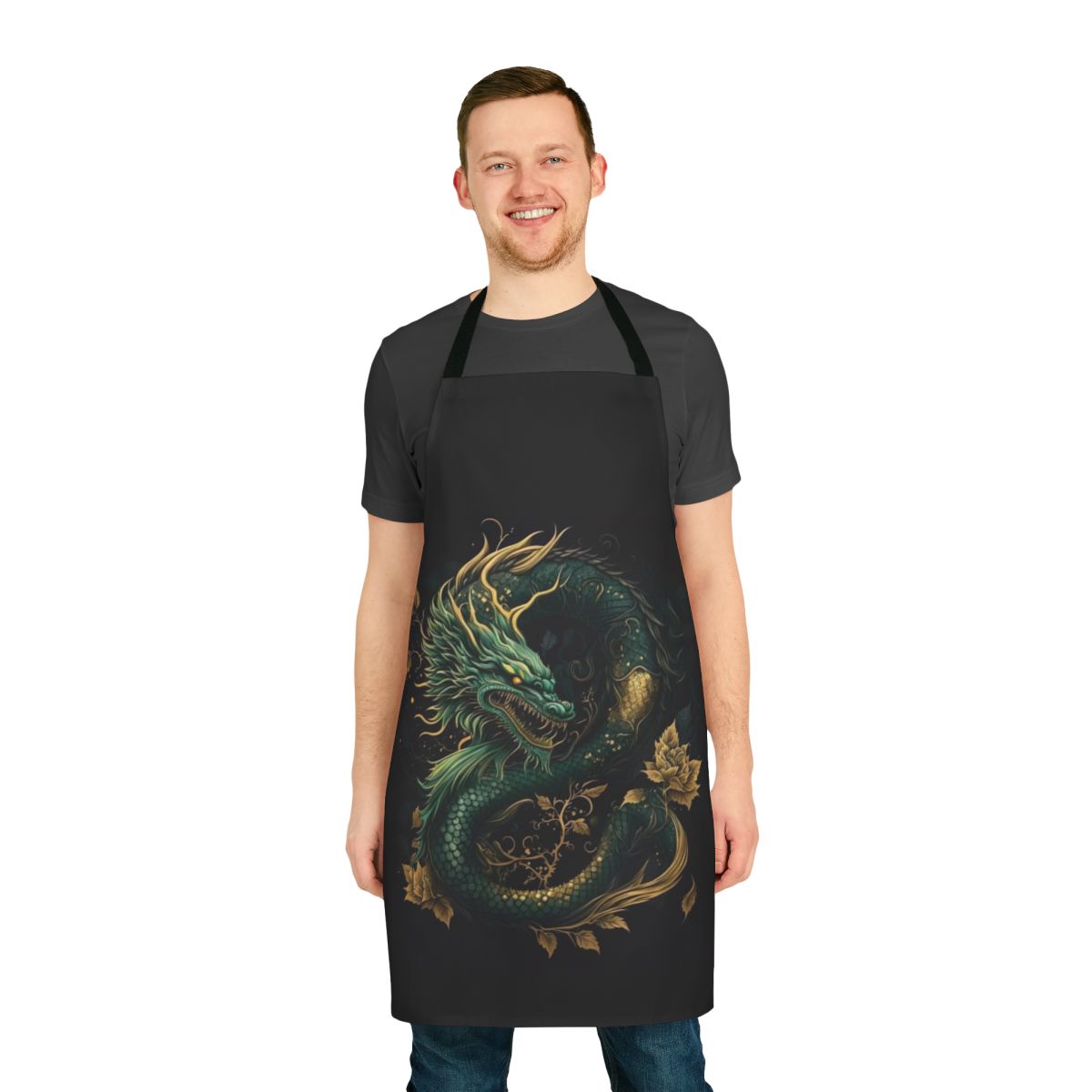 Jade dragon-inspired apron with intricate gold and green design