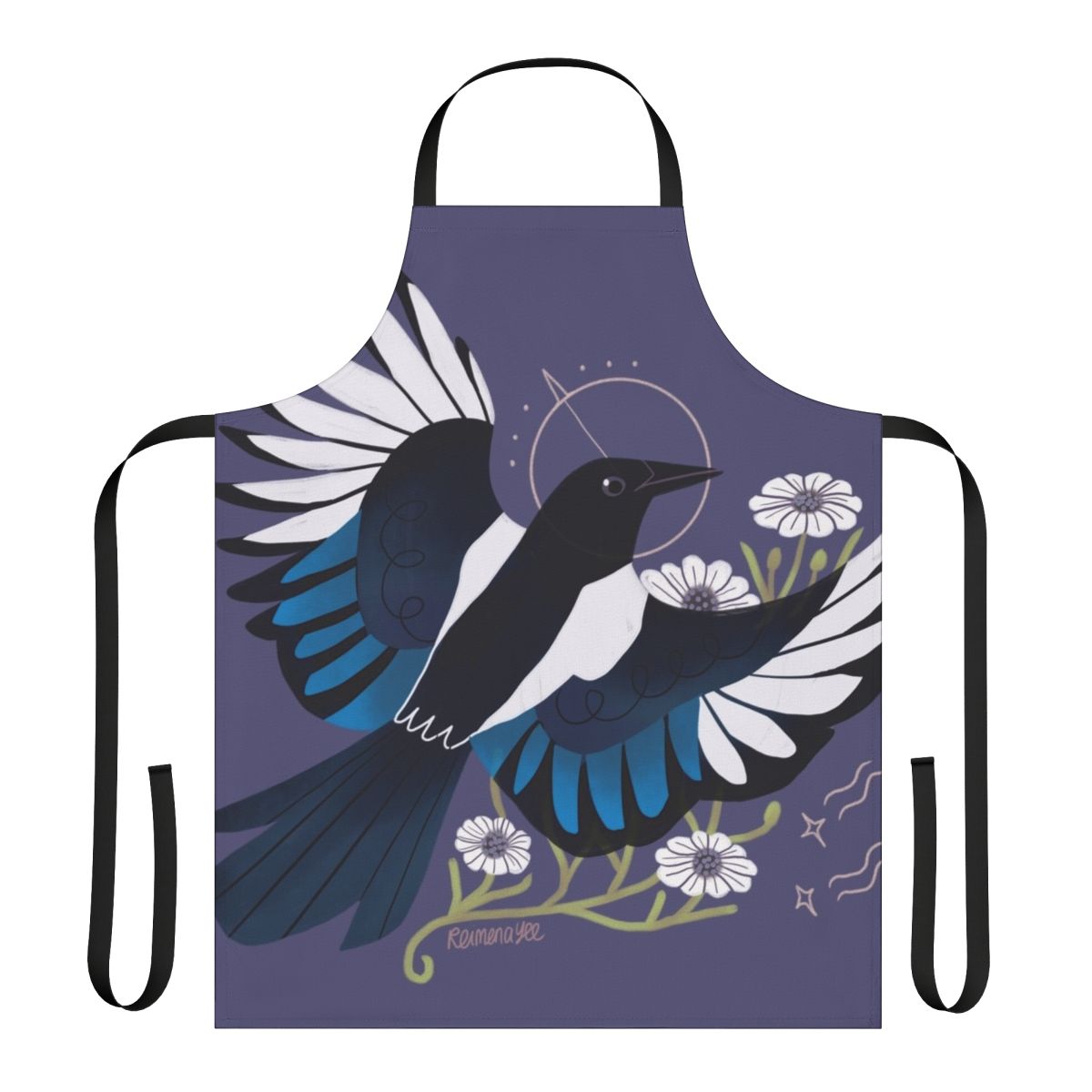 Whimsical apron featuring a magpie bird surrounded by purple flowers and stars