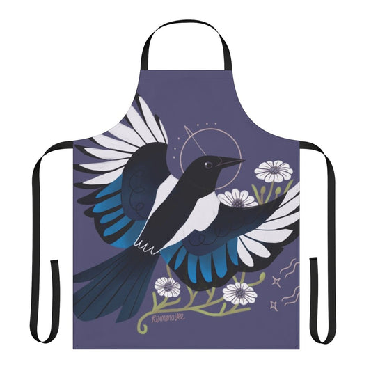 Whimsical apron featuring a magpie bird surrounded by purple flowers and stars