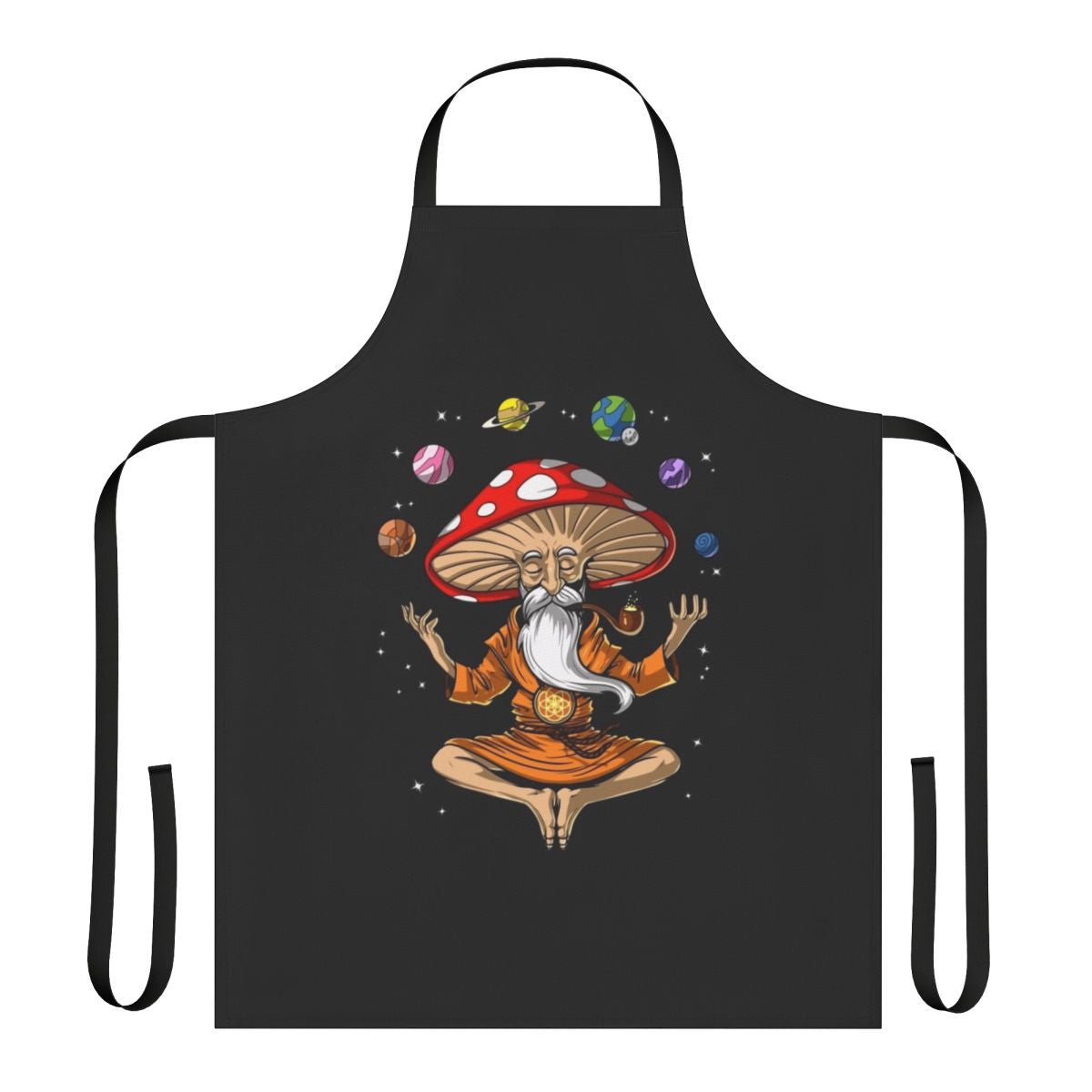 Colorful apron featuring a psychedelic mushroom Buddha design