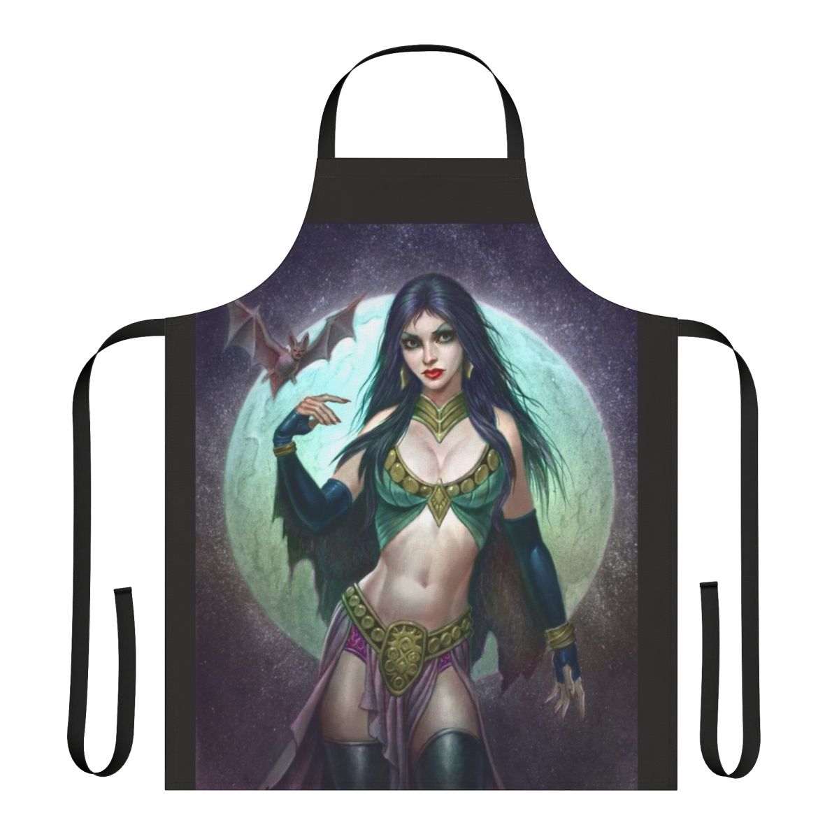 A night sky-inspired apron featuring a female vampire figure in a gothic, fantasy style.