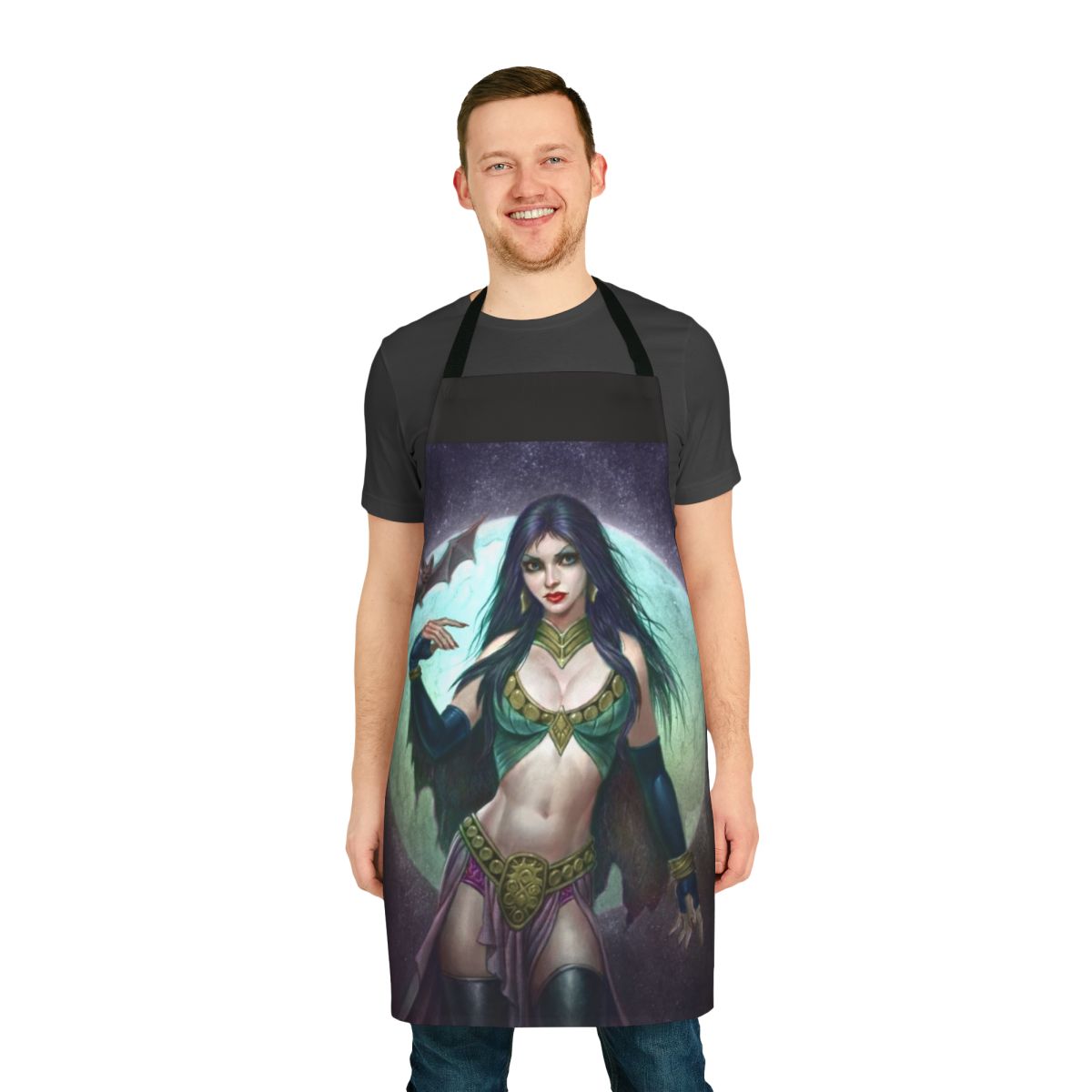 A night sky-inspired apron featuring a female vampire figure in a gothic, fantasy style.