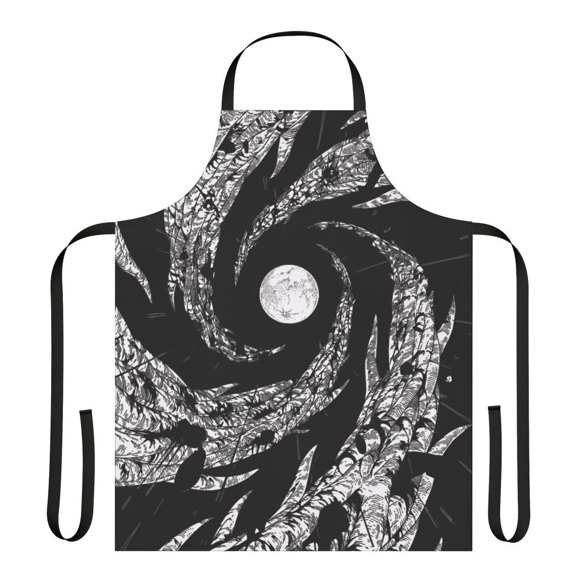 Apron with a design featuring a dark night sky, a moon, and silhouetted trees.
