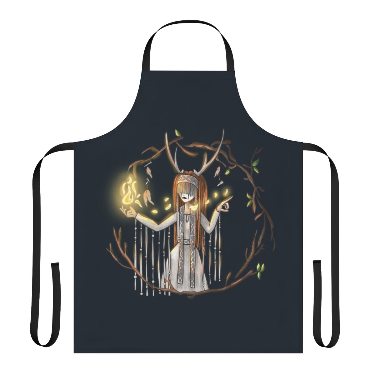 Heilung-inspired apron featuring Nordic runes, horns, and nature imagery