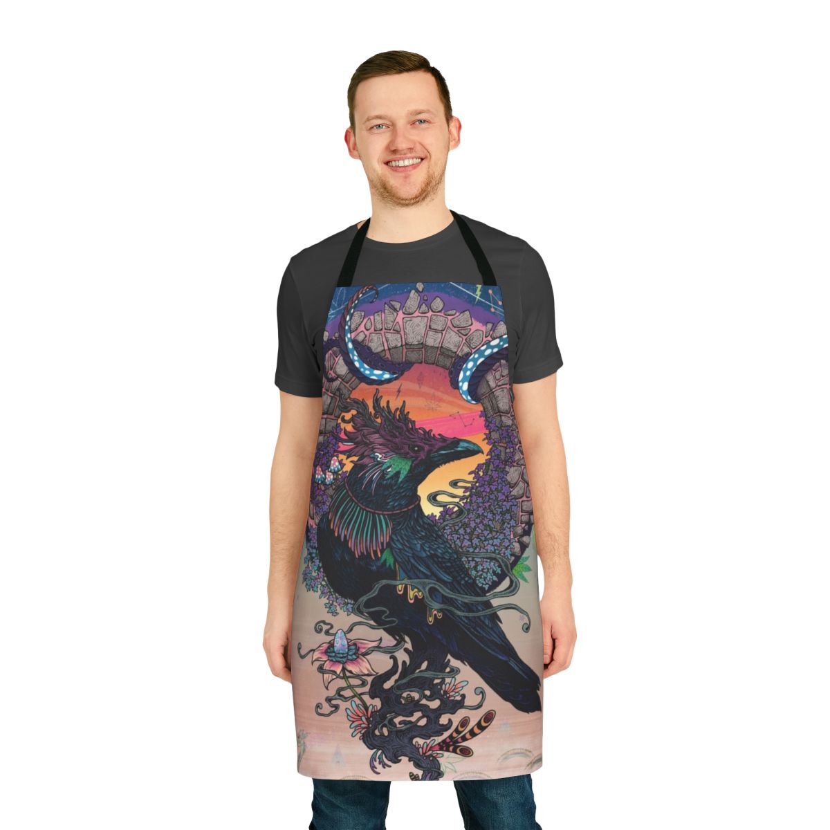 Apron featuring a mystical, psychedelic design of a crow or raven, perfect for the occult and pagan enthusiast.