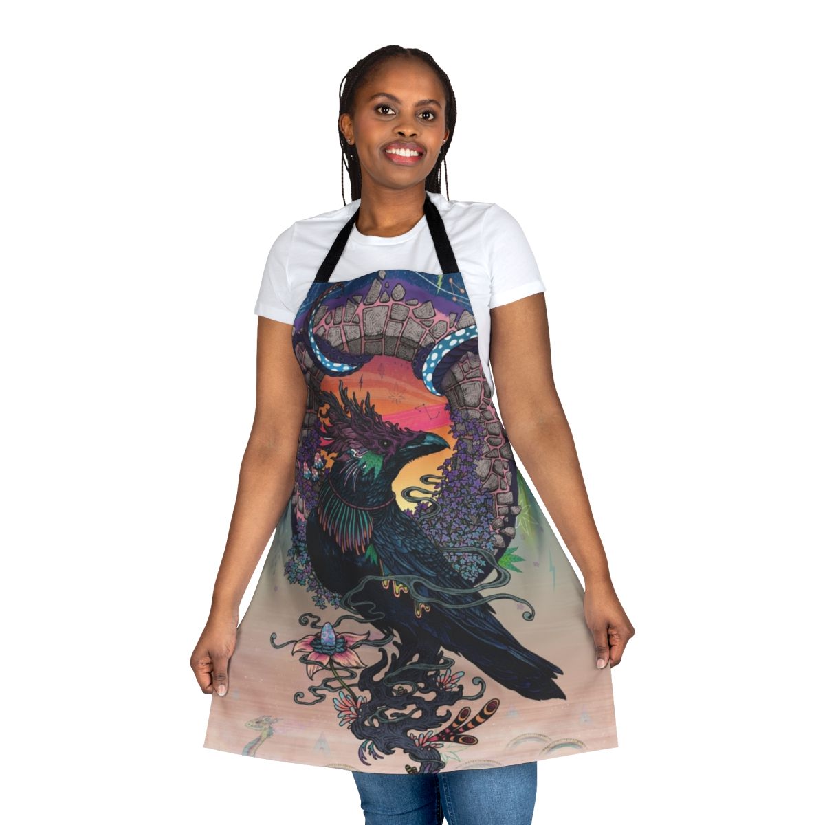 Apron featuring a mystical, psychedelic design of a crow or raven, perfect for the occult and pagan enthusiast.