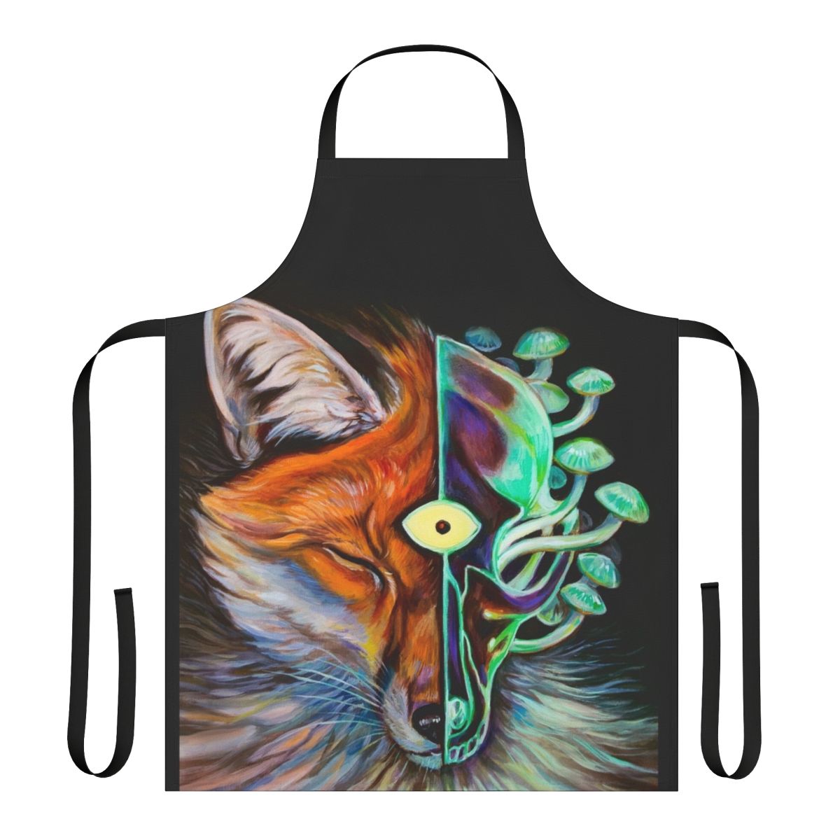 A surreal and psychedelic apron featuring a fox, third eye, mushrooms, and a skull design