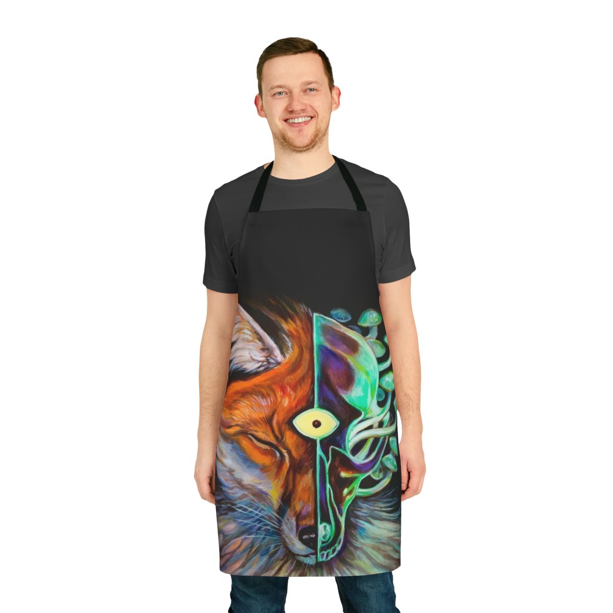 A surreal and psychedelic apron featuring a fox, third eye, mushrooms, and a skull design