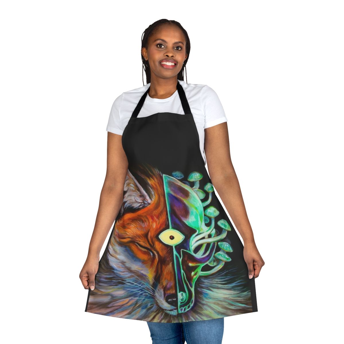 A surreal and psychedelic apron featuring a fox, third eye, mushrooms, and a skull design