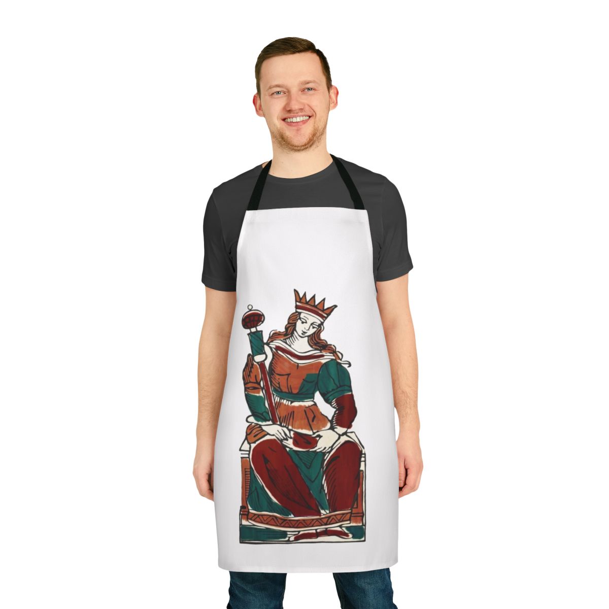 Apron featuring the Queen of Staves from the Minchiate tarot deck, a traditional Italian tarot system.