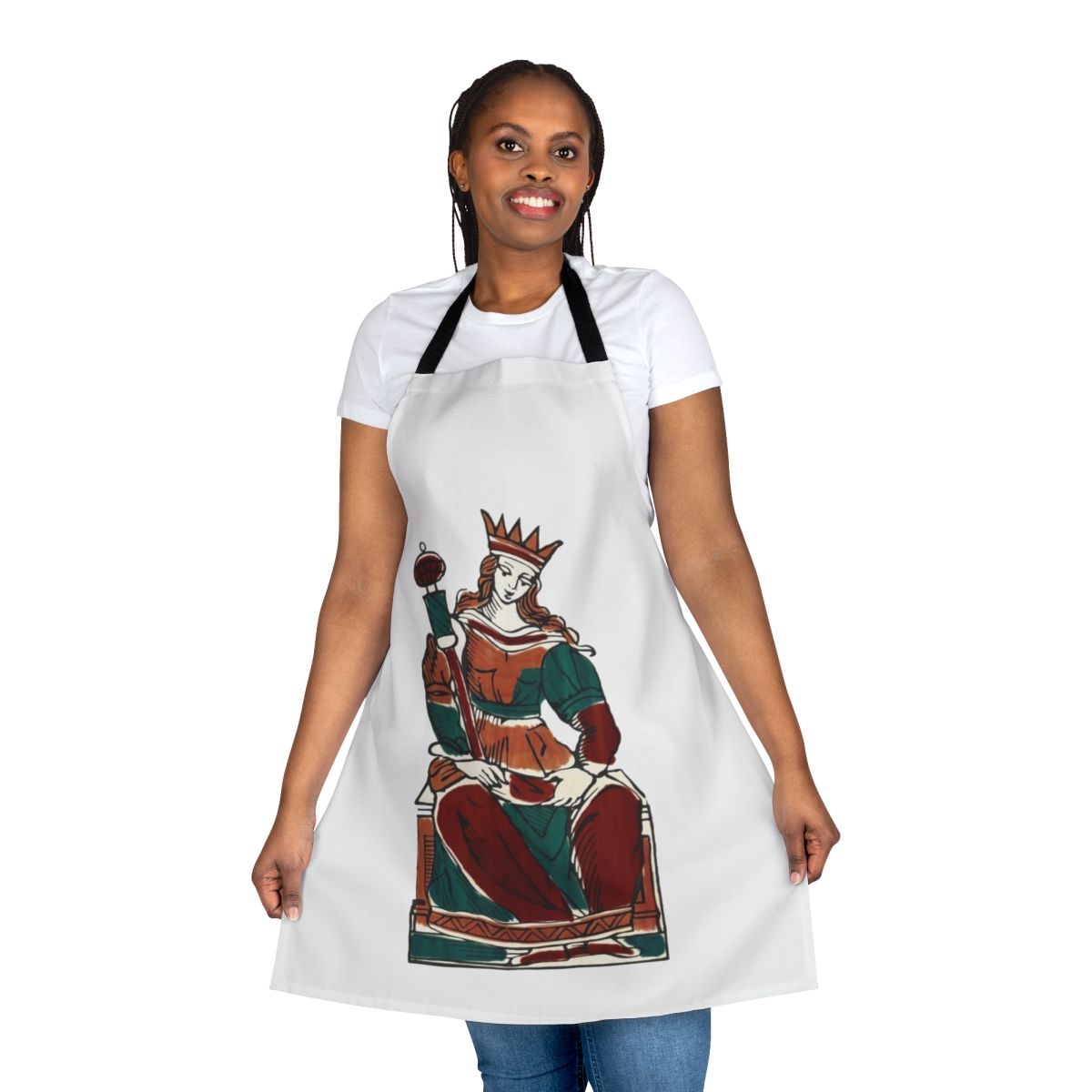 Apron featuring the Queen of Staves from the Minchiate tarot deck, a traditional Italian tarot system.