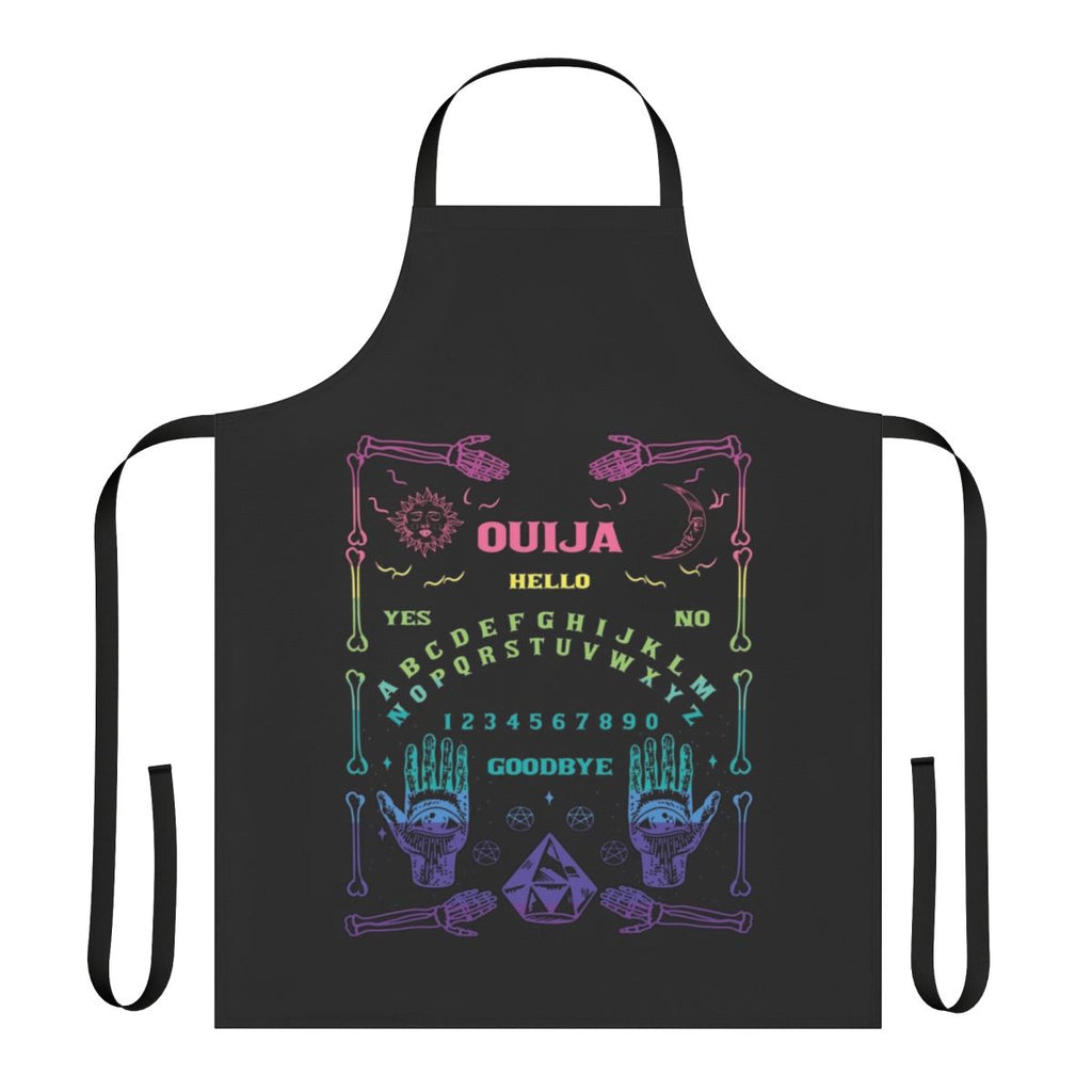 Image of a vibrant rainbow-colored apron featuring a Ouija board design, perfect for occult and spiritual enthusiasts.