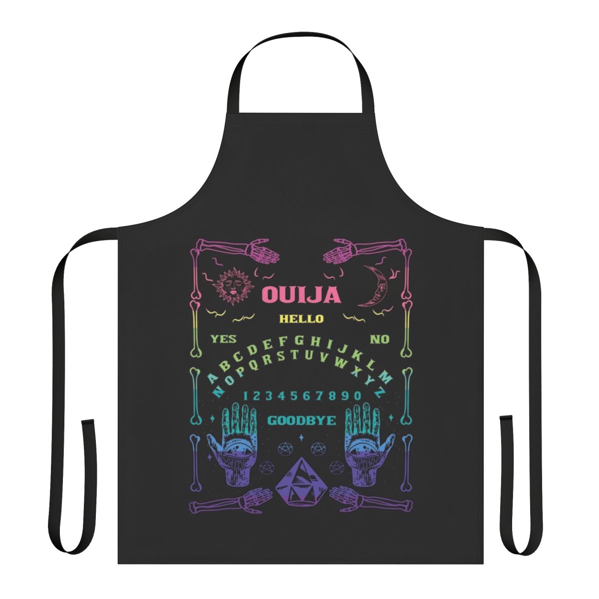 Image of a vibrant rainbow-colored apron featuring a Ouija board design, perfect for occult and spiritual enthusiasts.