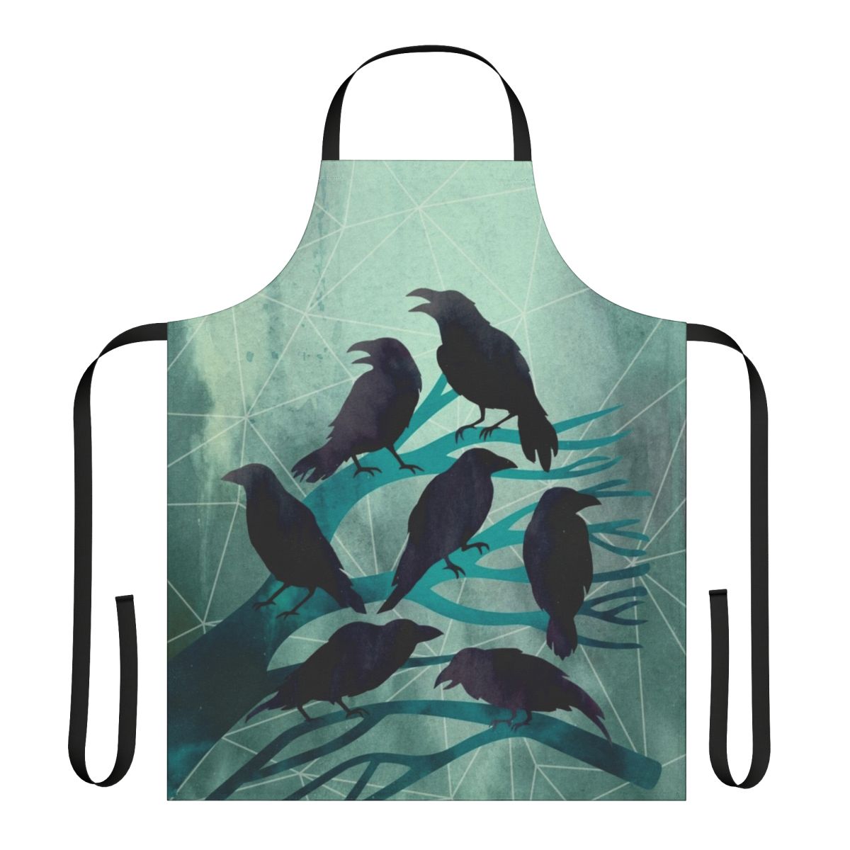 Mystical apron featuring a watercolor raven or crow against a moon and branch background
