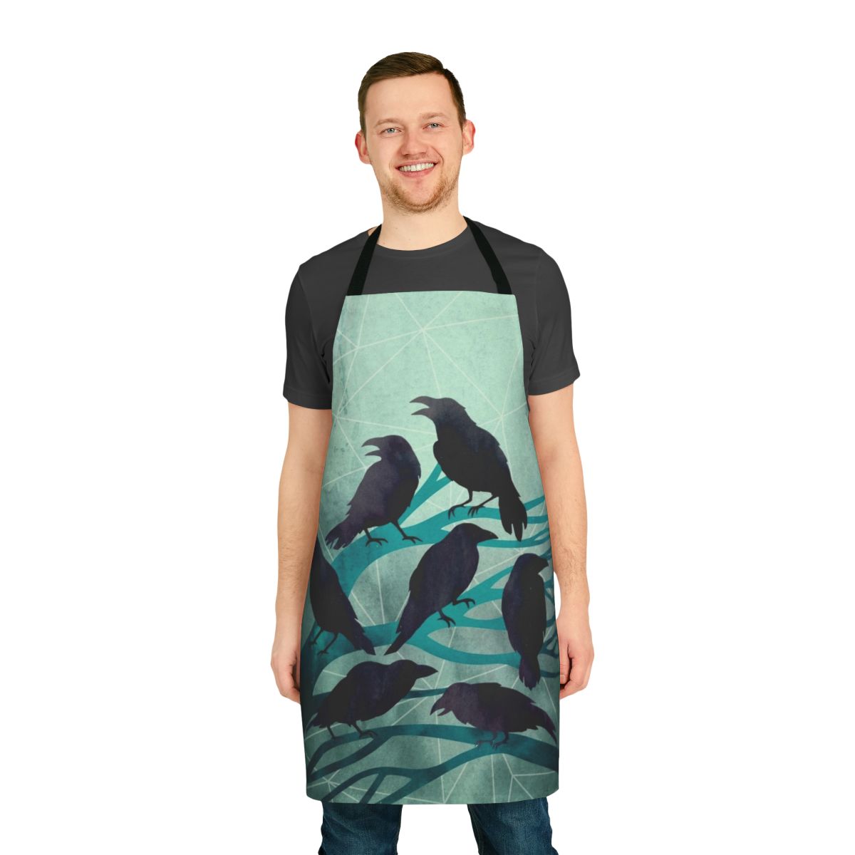 Mystical apron featuring a watercolor raven or crow against a moon and branch background