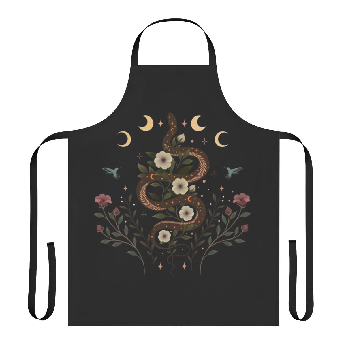 Serpent-themed apron with a moonlit, botanical design
