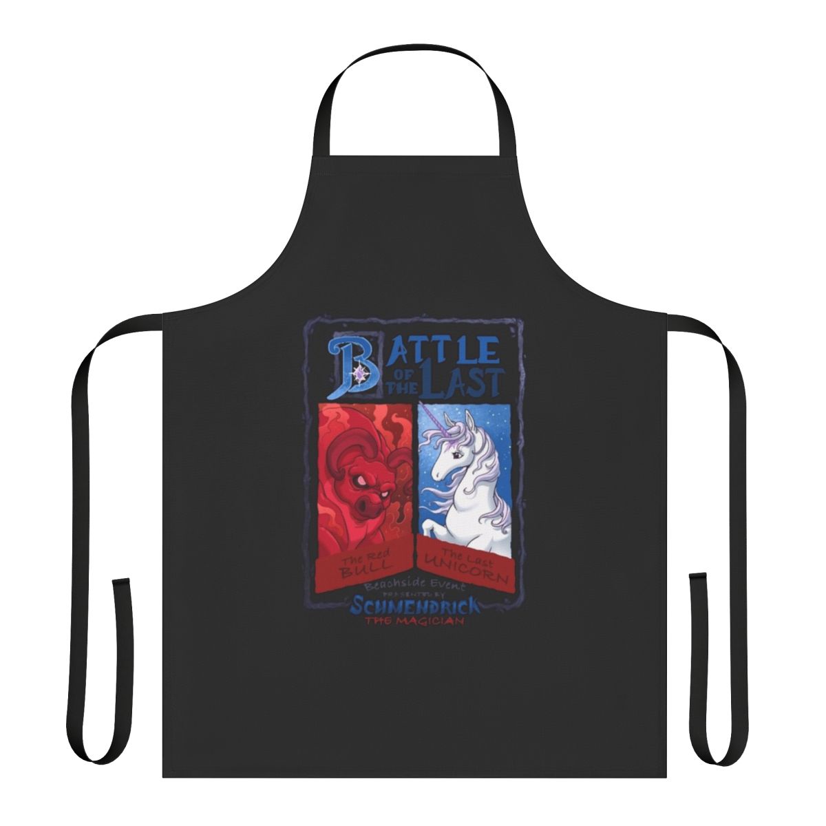 Apron featuring a magical unicorn in a fantasy battle scene, inspired by 80s animated films