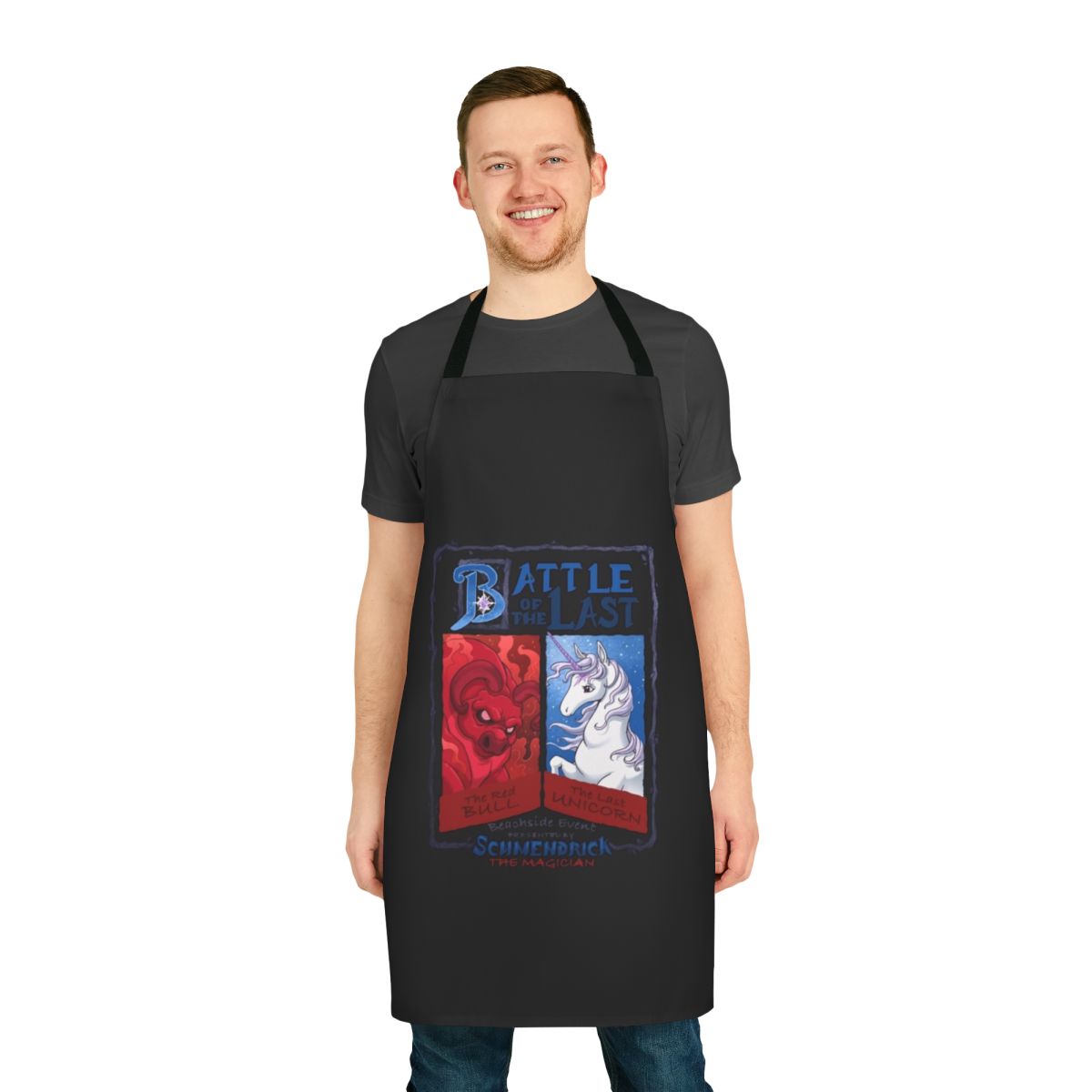 Apron featuring a magical unicorn in a fantasy battle scene, inspired by 80s animated films