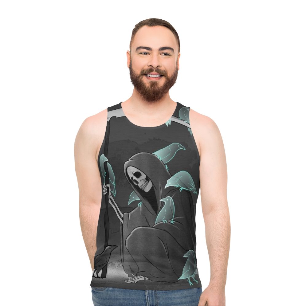 Unisex tank top with a dark gothic design featuring crows and a reaper
